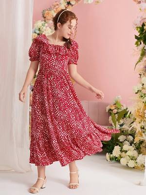 Rubby red color printed cotton blend fit&flared style dresses 5