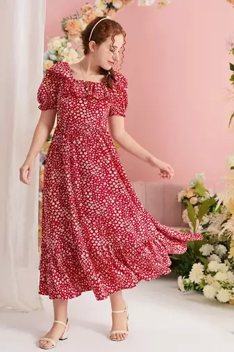 Rubby red color printed cotton blend fit&flared style dresses