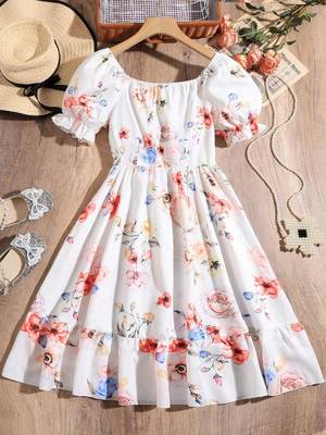 White color printed cotton blend fit&flared style dresses 1