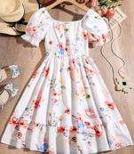 White color printed cotton blend fit&flared style dresses