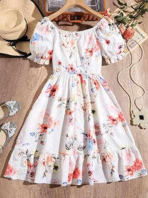 White color printed cotton blend fit&flared style dresses 2