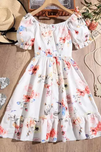 White color printed cotton blend fit&flared style dresses