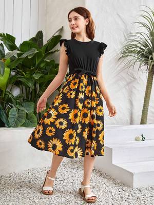 Black color printed cotton blend fit&flared style dresses 1