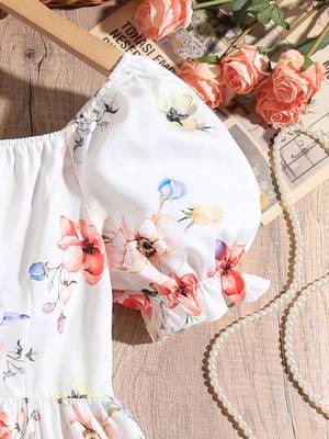White color printed cotton blend fit&flared style dresses 3