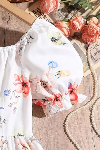 White color printed cotton blend fit&flared style dresses