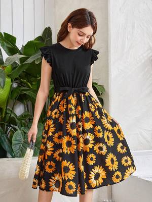 Black color printed cotton blend fit&flared style dresses 2