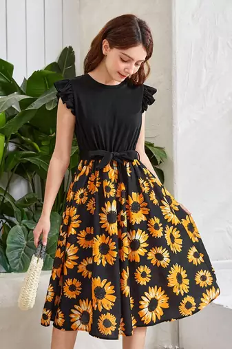 Black color printed cotton blend fit&flared style dresses