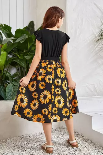 Black color printed cotton blend fit&flared style dresses