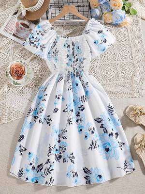 Sea foam white color printed cotton blend fit&flared style dresses 1