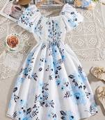 Sea foam white color printed cotton blend fit&flared style dresses
