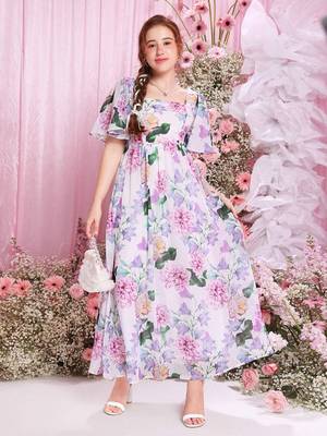 Lavender color printed cotton blend fit&flared style dresses 1