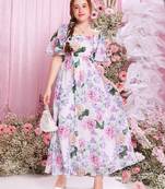 Lavender color printed cotton blend fit&flared style dresses