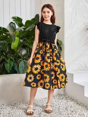 Black color printed cotton blend fit&flared style dresses 4