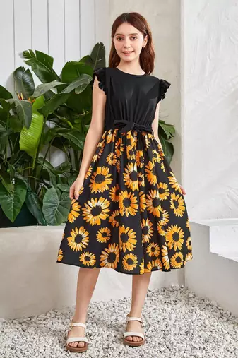 Black color printed cotton blend fit&flared style dresses