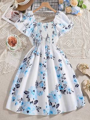 Sea foam white color printed cotton blend fit&flared style dresses 2