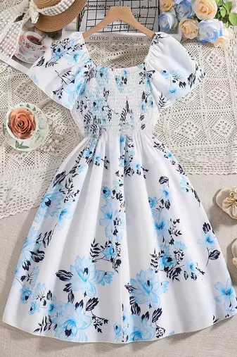 Sea foam white color printed cotton blend fit&flared style dresses