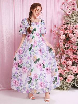 Lavender color printed cotton blend fit&flared style dresses 2