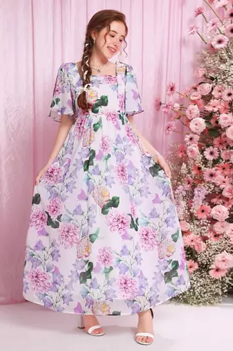 Lavender color printed cotton blend fit&flared style dresses