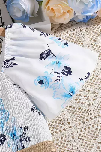 Sea foam white color printed cotton blend fit&flared style dresses