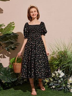 Jet black color printed cotton blend fit&flared style dresses 1
