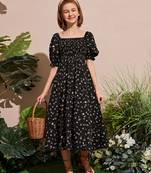 Jet black color printed cotton blend fit&flared style dresses