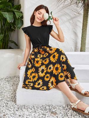 Black color printed cotton blend fit&flared style dresses 5