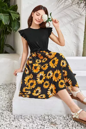 Black color printed cotton blend fit&flared style dresses