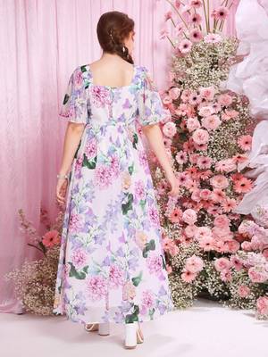 Lavender color printed cotton blend fit&flared style dresses 3