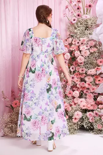 Lavender color printed cotton blend fit&flared style dresses