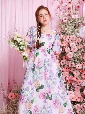 Lavender color printed cotton blend fit&flared style dresses 4