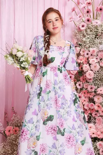 Lavender color printed cotton blend fit&flared style dresses