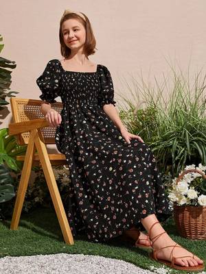 Jet black color printed cotton blend fit&flared style dresses 2
