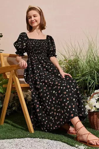 Jet black color printed cotton blend fit&flared style dresses