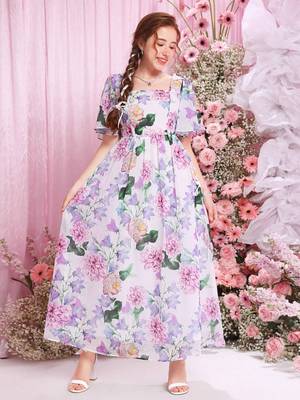 Lavender color printed cotton blend fit&flared style dresses 5