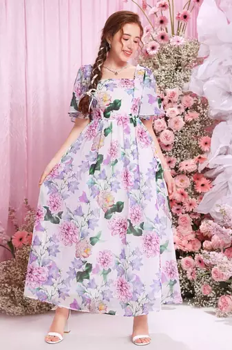 Lavender color printed cotton blend fit&flared style dresses