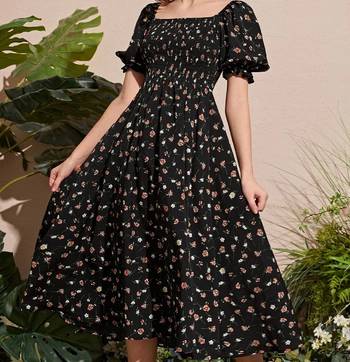 Jet black color printed cotton blend fit&flared style dresses 3