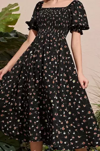 Jet black color printed cotton blend fit&flared style dresses