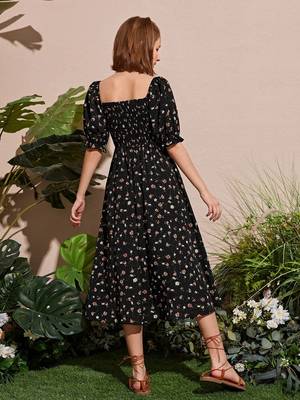 Jet black color printed cotton blend fit&flared style dresses 4