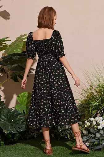 Jet black color printed cotton blend fit&flared style dresses