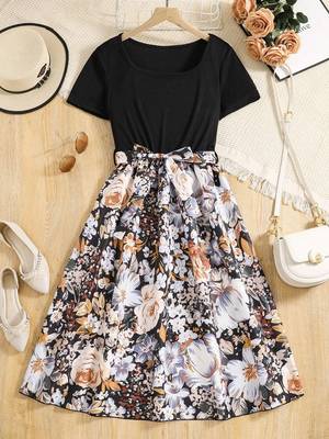 Black color printed cotton blend fit&flared style dresses 1