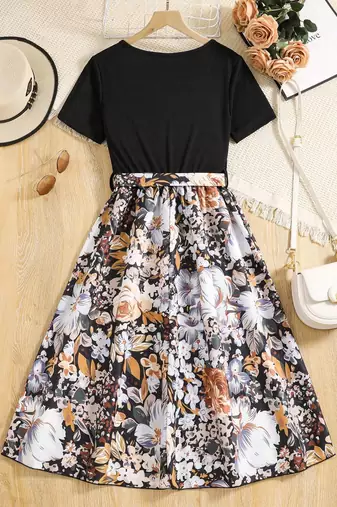 Black color printed cotton blend fit&flared style dresses