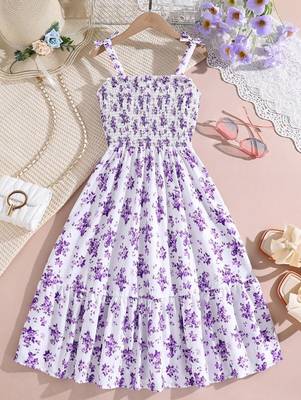 Purple color printed cotton blend fit&flared style dresses 1