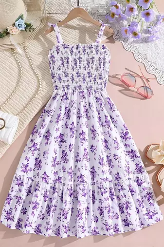 Purple color printed cotton blend fit&flared style dresses