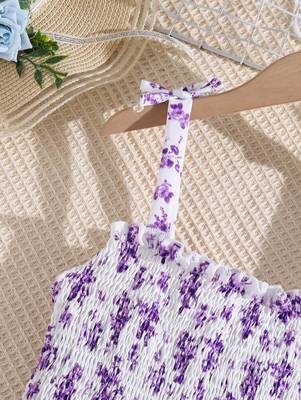 Purple color printed cotton blend fit&flared style dresses 3