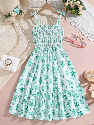 Mint green color printed cotton blend fit&flared style dresses 1