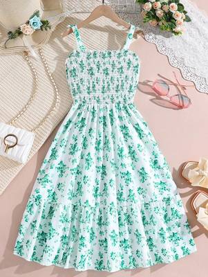 Mint green color printed cotton blend fit&flared style dresses 2