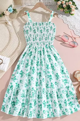 Mint green color printed cotton blend fit&flared style dresses