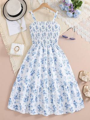 Ocean blue color printed cotton blend fit&flared style dresses 1