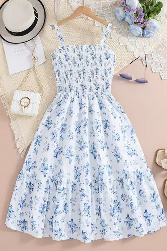 Ocean blue color printed cotton blend fit&flared style dresses