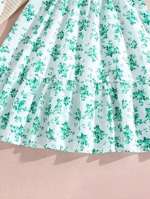 Mint green color printed cotton blend fit&flared style dresses 4